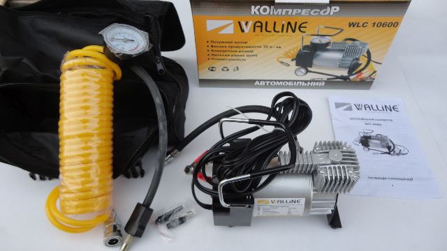 Компресор автомобільний 12В з аналоговим датчиком тиску, потужність 150W, тиск 150 PSI, продуктивність 35 л/хв, діаметр поршня 30 мм