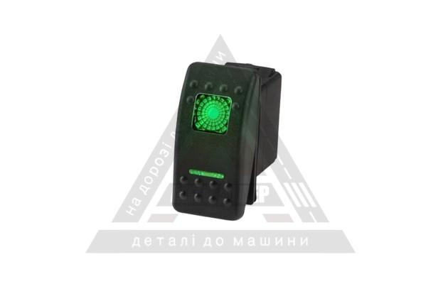 Перемикач клавішний ON-OFF 5 контактів тип SPST з двома світлодіодними індикаторами (габаритне світіння + робоче положення перемикача), колір зелений
