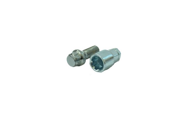 Болт колісний хромований, конусний, секретний (2 ключі) (M14x1.5) (4 шт.) (блістер) – 14×28