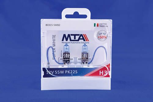 Лампа автомобільна H3 12V 55W PK22S SUPER WHITE +50% (світло-блакитний) (2шт) MTA